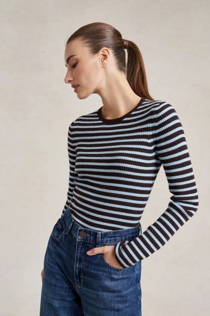 La Ligne Mulberry Sweater in Chocolate/Sky, striped wool-cashmere sweater