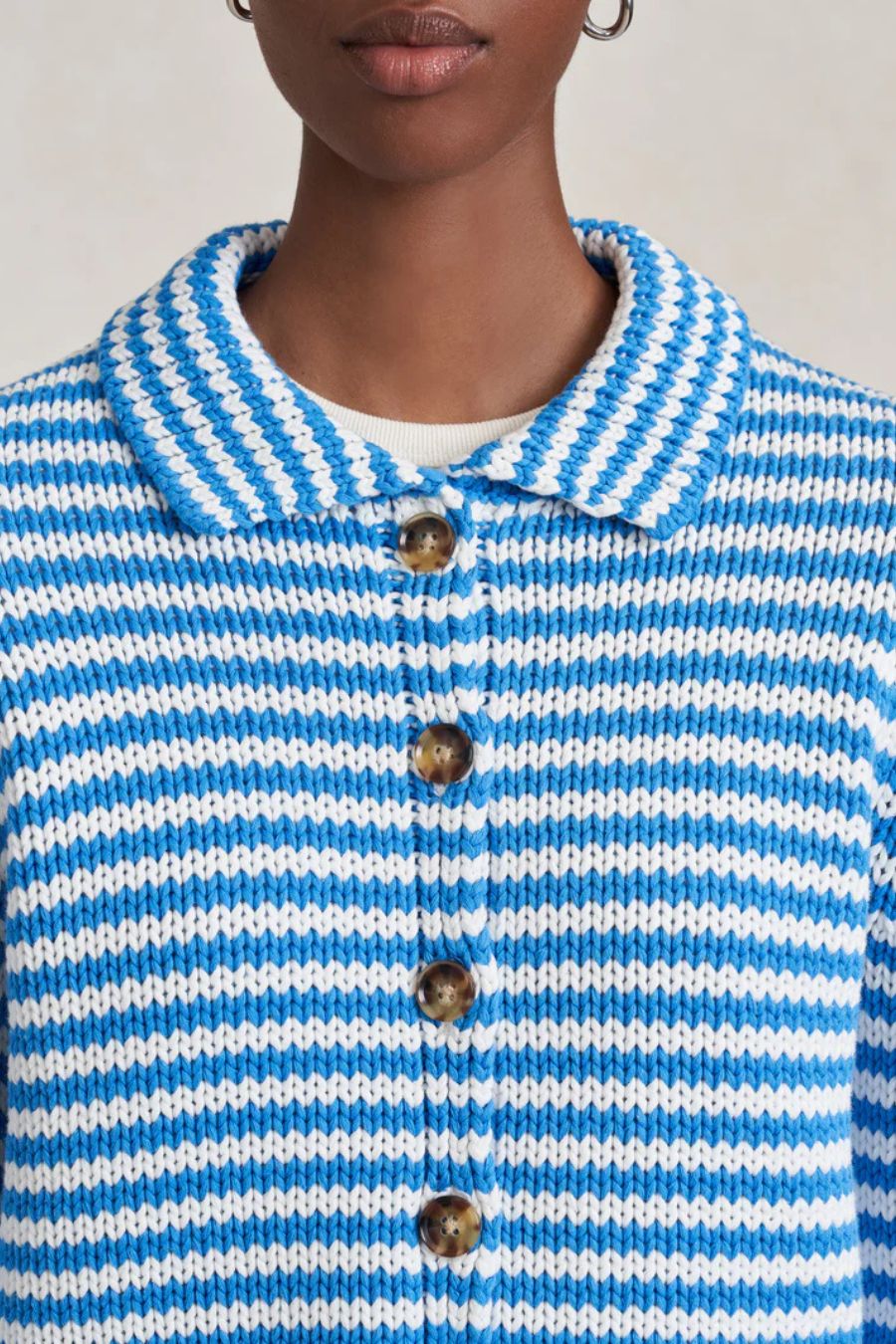 Mini Marina Fine Stripe Cardigan in Cerulean/Ivory
