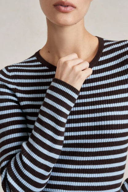 La Ligne Mulberry Sweater in Chocolate/Sky, striped wool-cashmere sweater