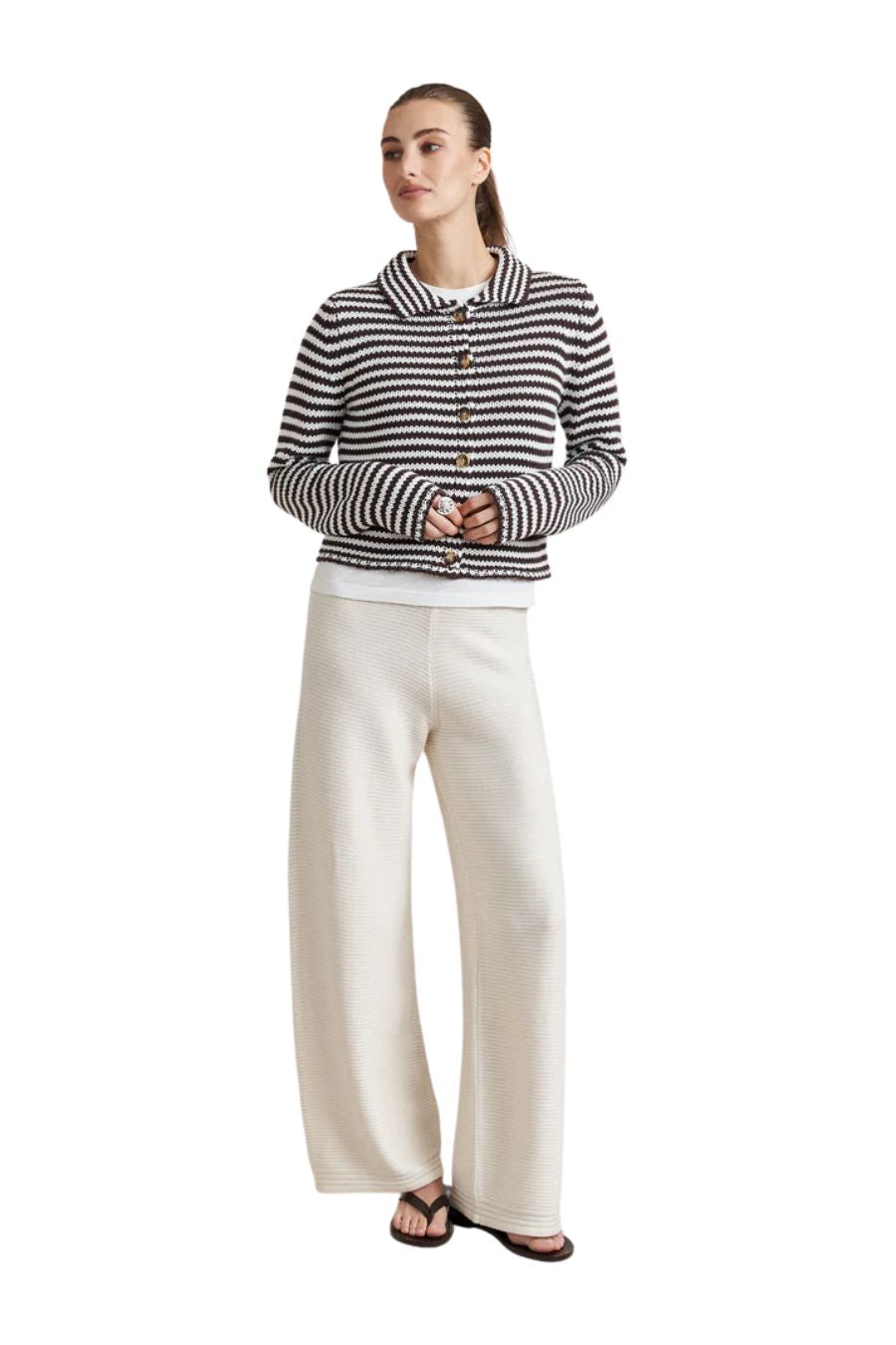 Mini Marina Fine Stripe Cardigan in Chocolate/Ivory