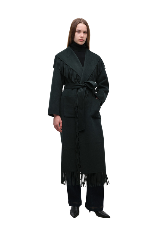 Carrie Fringe Robe Coat in Dark Spruce by Simkhai