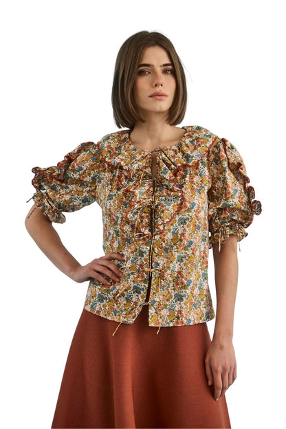 Hunter Bell Marigold Top in Gertrude, ruffle collar cotton lawn top with tie-front closure