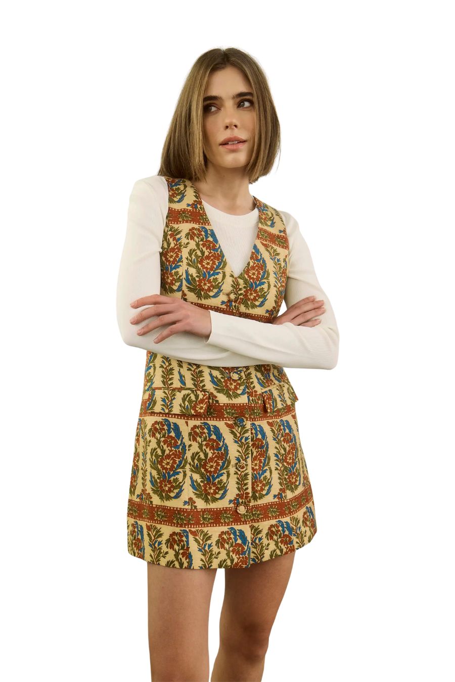 Hunter Bell Suni Dress in Amber Glen Cream, vest style button-front mini dress in linen rayon