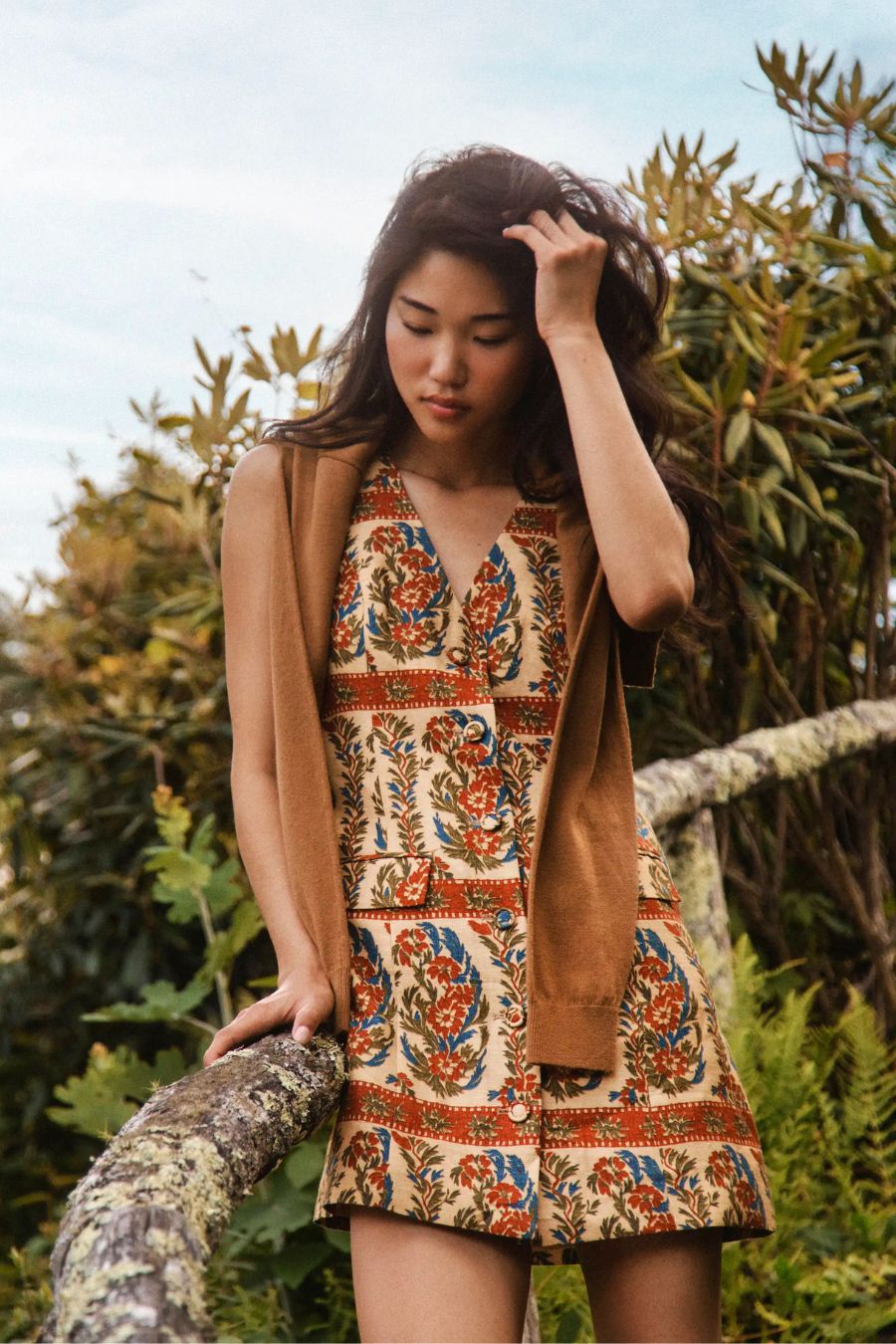 Hunter Bell Suni Dress in Amber Glen Cream, vest style button-front mini dress in linen rayon