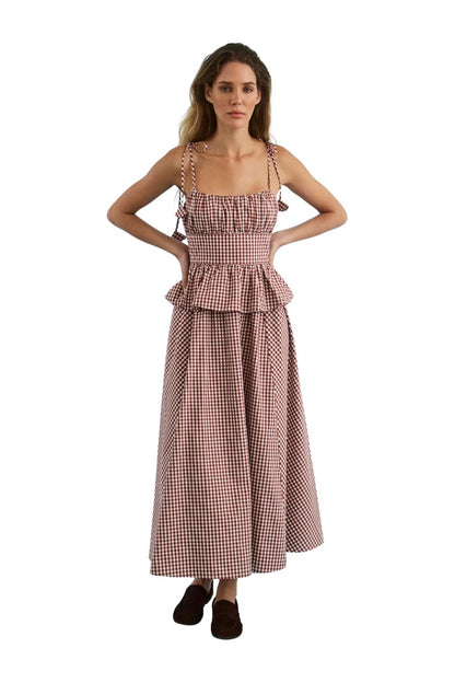 Hunter Bell Betsy Dress in Cotswold Check Rust, ruched bodice midi dress in cotton gingham