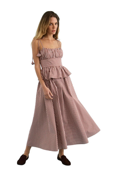 Hunter Bell Betsy Dress in Cotswold Check Rust, ruched bodice midi dress in cotton gingham