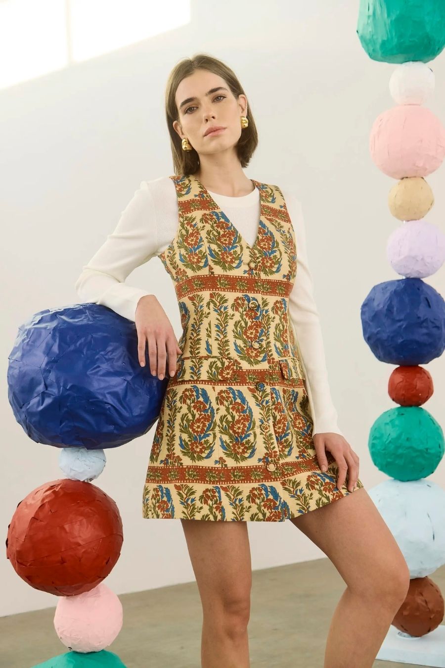Hunter Bell Suni Dress in Amber Glen Cream, vest style button-front mini dress in linen rayon