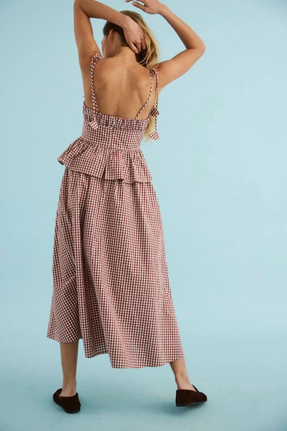 Hunter Bell Betsy Dress in Cotswold Check Rust, ruched bodice midi dress in cotton gingham