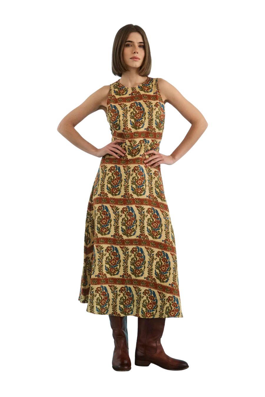 Hunter Bell Faith Dress in Amber Glen Cream, sleeveless circle skirt dress in linen rayon