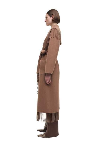 Carrie Fringe Robe Coat in Camel