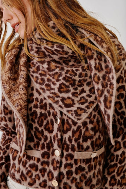 Sablyn Harper Leopard Scarf in Dune Cinnabar, printed silk scarf — styled view