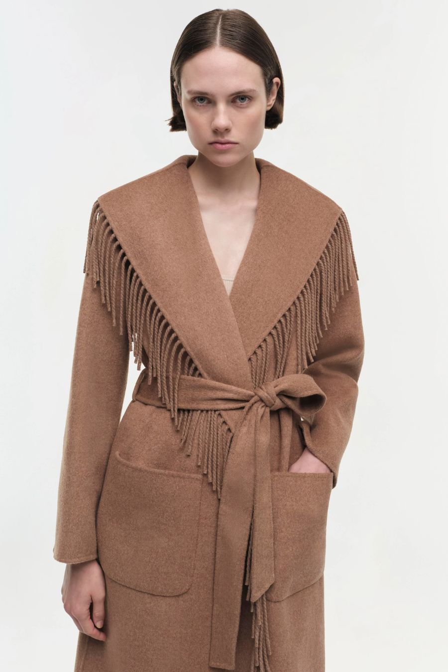 Carrie Fringe Robe Coat in Camel