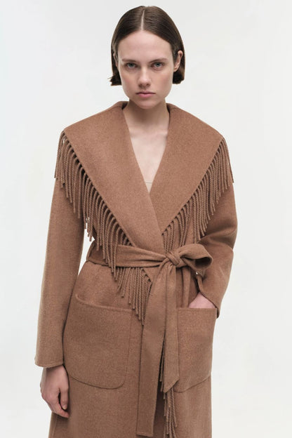 Carrie Fringe Robe Coat in Camel