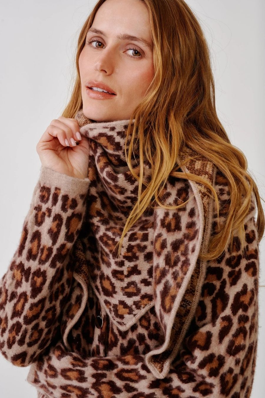Sablyn Harper Leopard Scarf in Dune Cinnabar, printed silk scarf — detail view