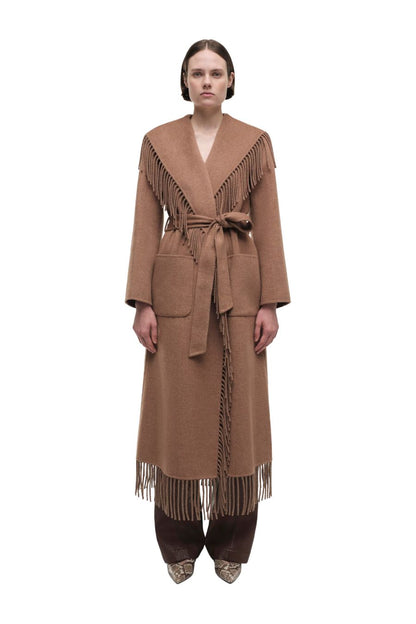 Carrie Fringe Robe Coat in Camel