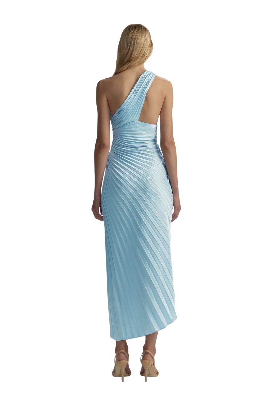 One-Shoulder Satin Midi Dress in Blue