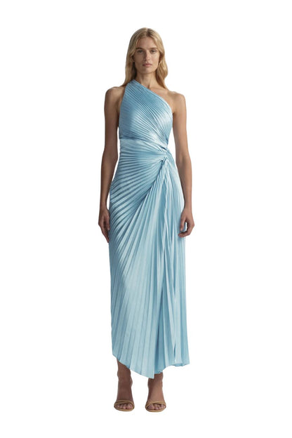 One-Shoulder Satin Midi Dress in Blue