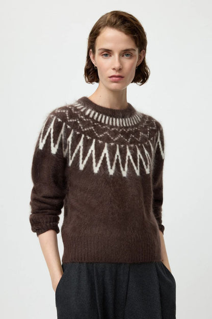 Brushed Fair Isle Crewneck in Mocha