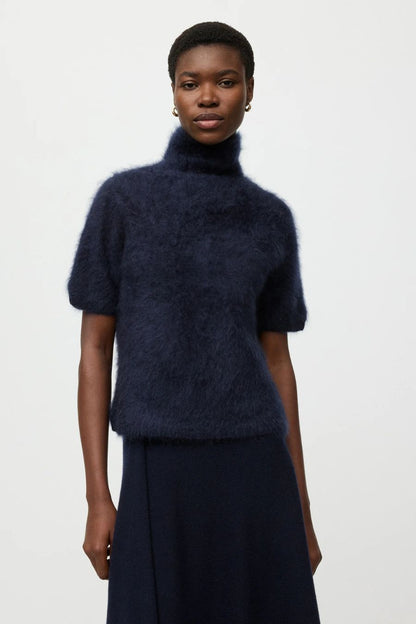 Brushed Short Sleeve Turtleneck in Navy