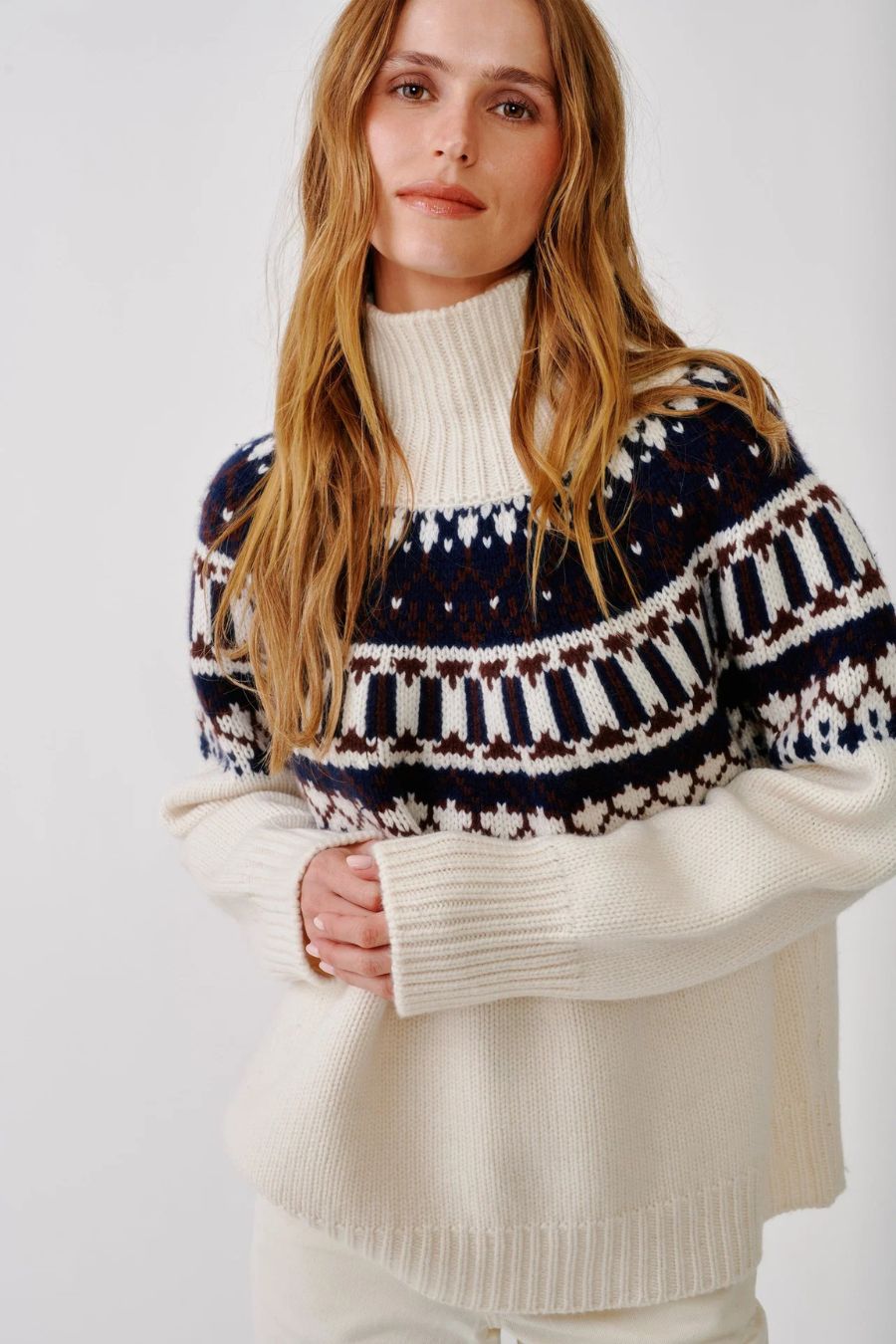 Sablyn Scottie Slouchy Mock Neck in Gardenia Fairisle, alternate view