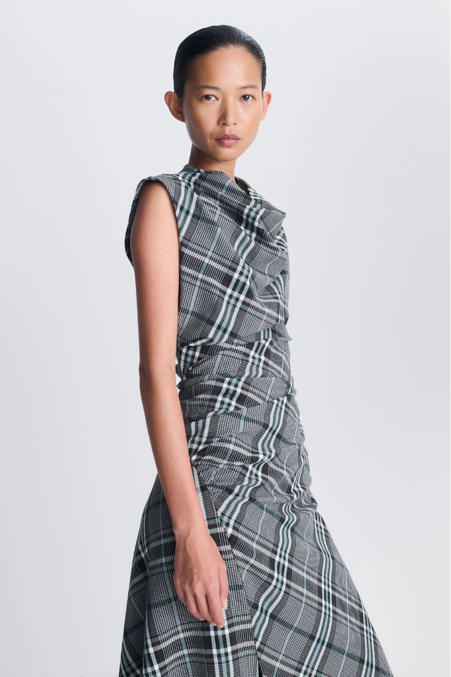 Burke Draped Midi Dress in Everglade Plaid