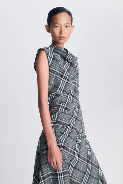 Burke Draped Midi Dress in Everglade Plaid