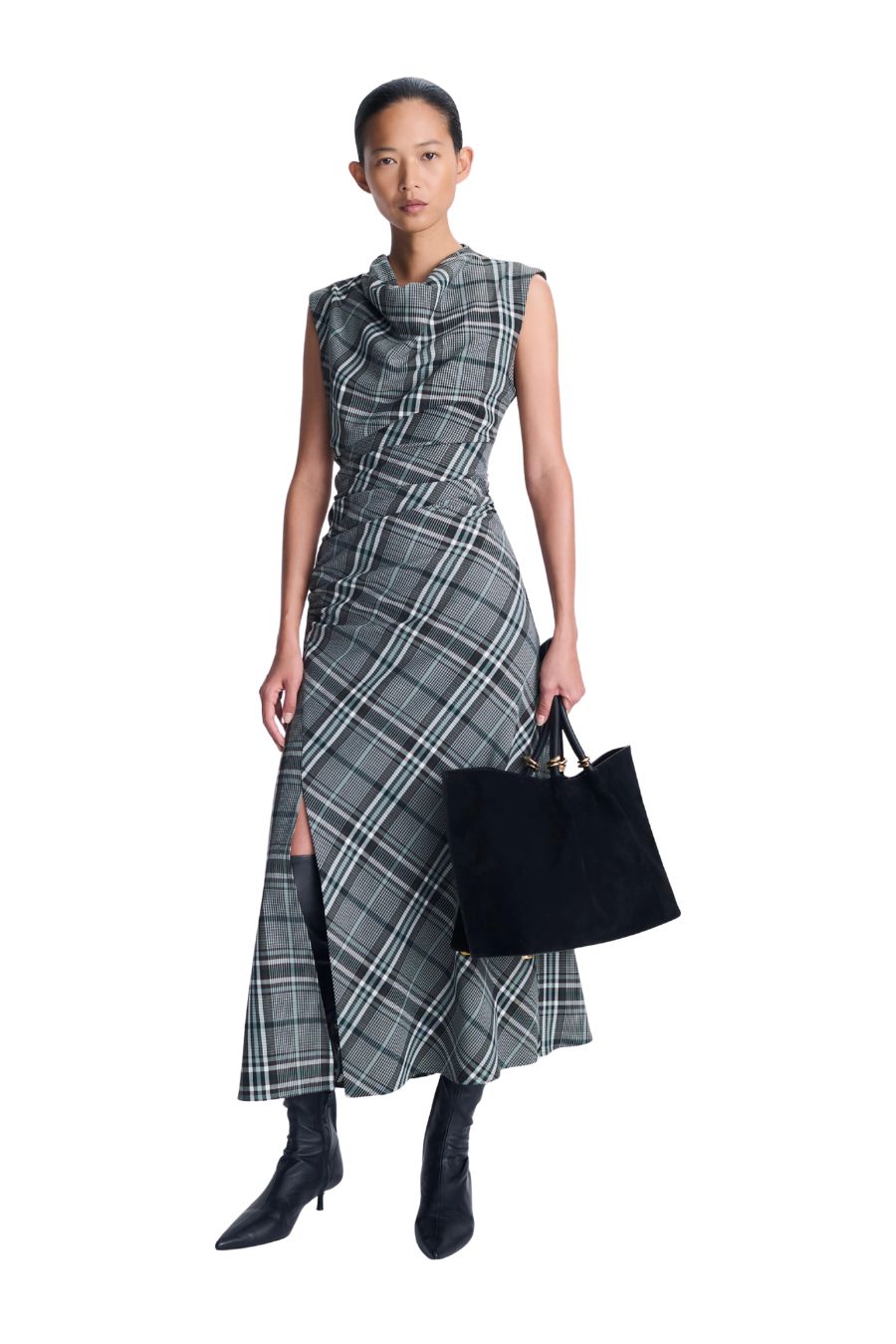 Burke Draped Midi Dress in Everglade Plaid