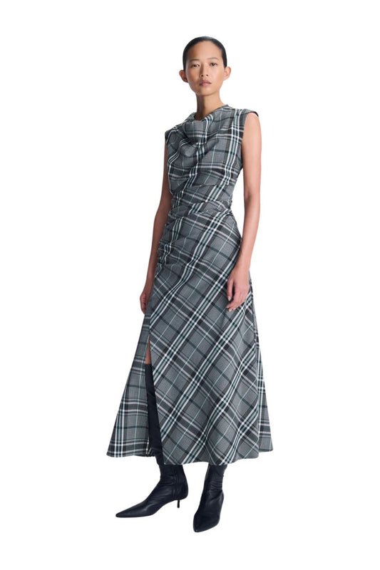 Burke Draped Midi Dress in Everglade Plaid