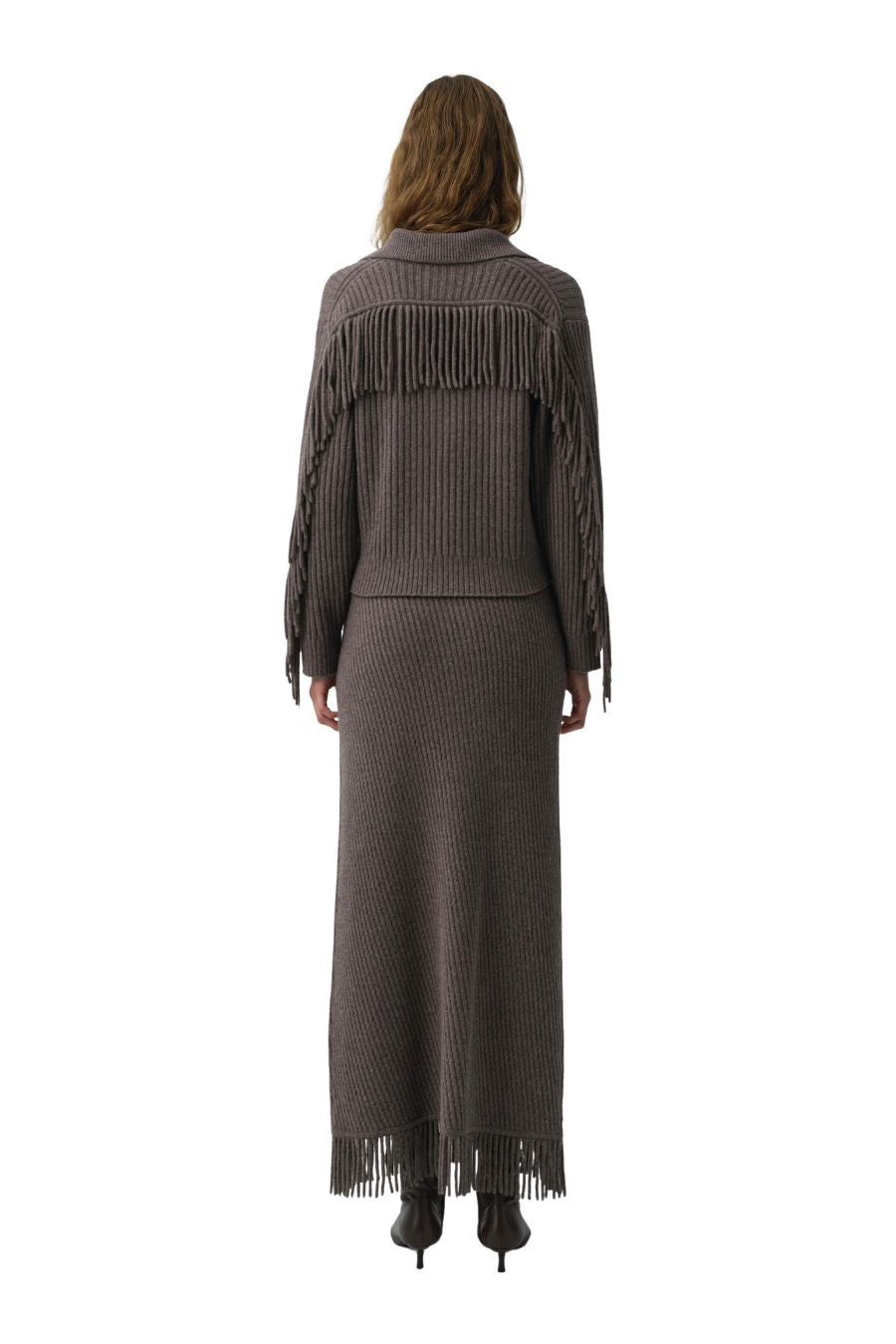 Natalia Collared Fringe Sweater in Mushroom Melange