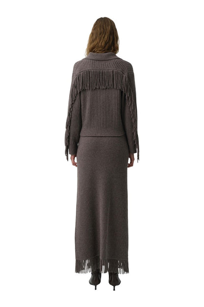 Natalia Collared Fringe Sweater in Mushroom Melange