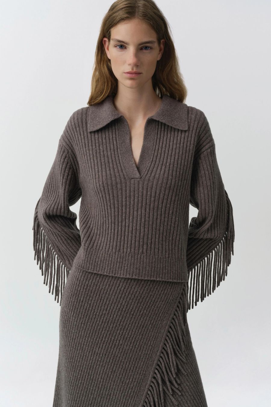 Natalia Collared Fringe Sweater in Mushroom Melange