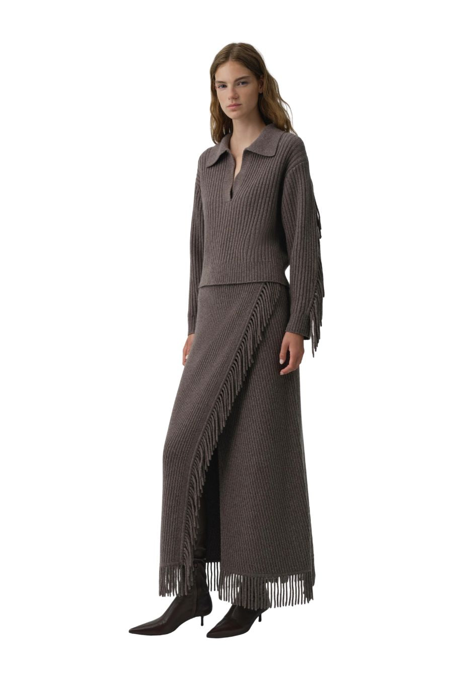 Natalia Collared Fringe Sweater in Mushroom Melange