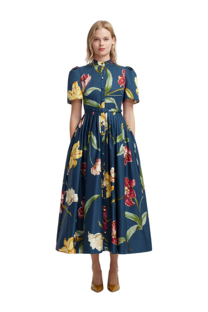 Bianca Midi Dress in Lily Print Indigo