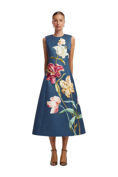 Cleo Midi Dress in Lily Print Indigo