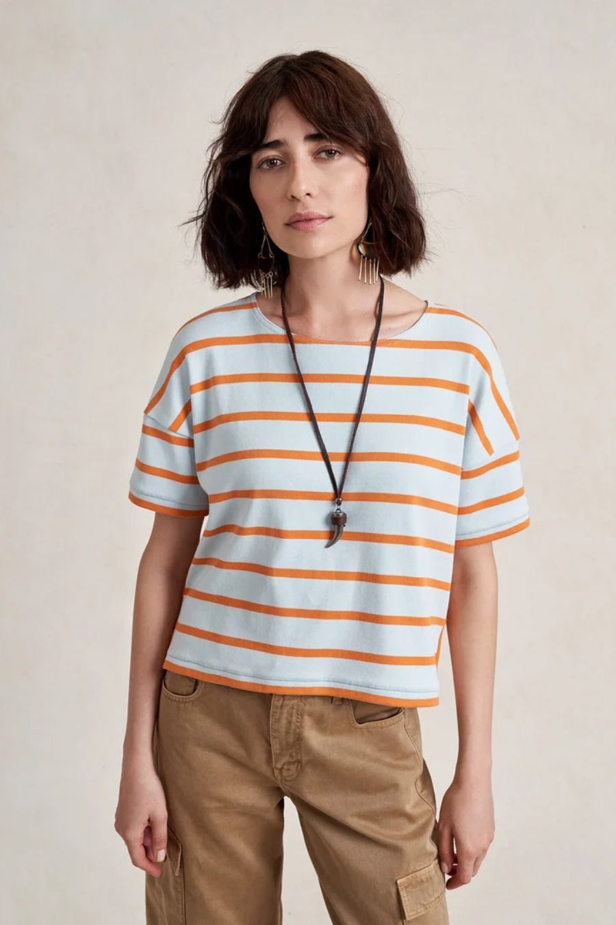 LA LIGNE Short Sleeve Breton Tee in Sky/Pumpkin, alternate view