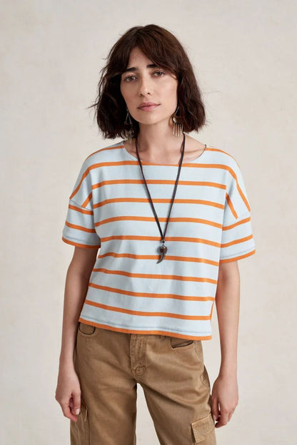 LA LIGNE Short Sleeve Breton Tee in Sky/Pumpkin, alternate view
