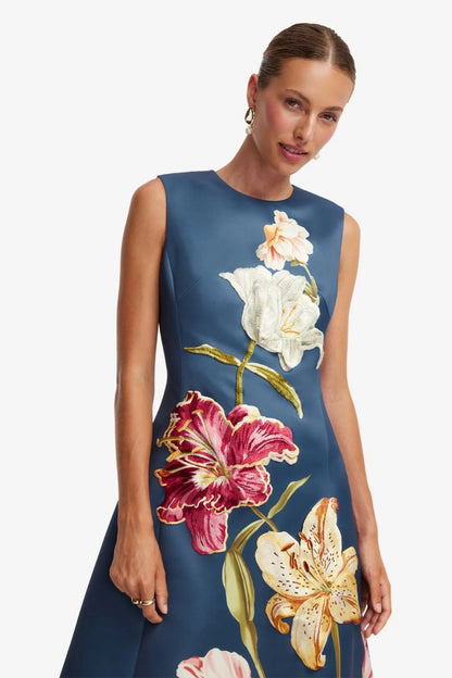 Cleo Midi Dress in Lily Print Indigo