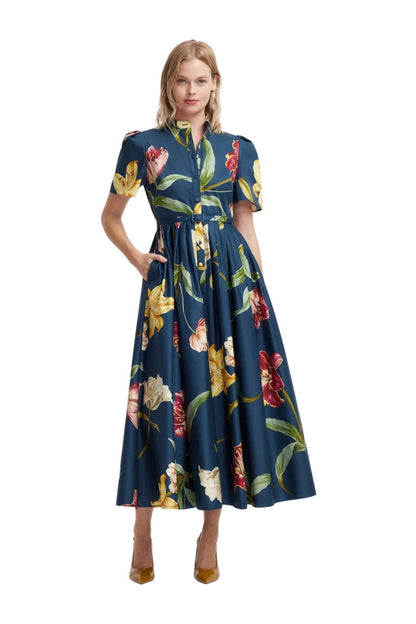 Bianca Midi Dress in Lily Print Indigo