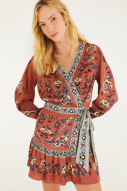 Floral Beauty Tapestry Wrap Mini Dress in Blush