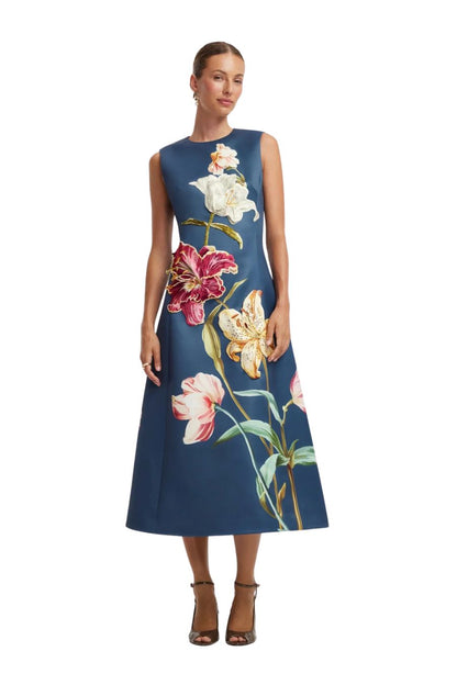 Cleo Midi Dress in Lily Print Indigo