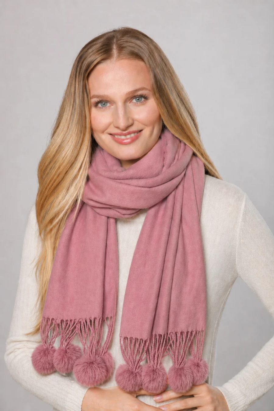 Cashmere Rex Rabbit Pom Wrap in Rose