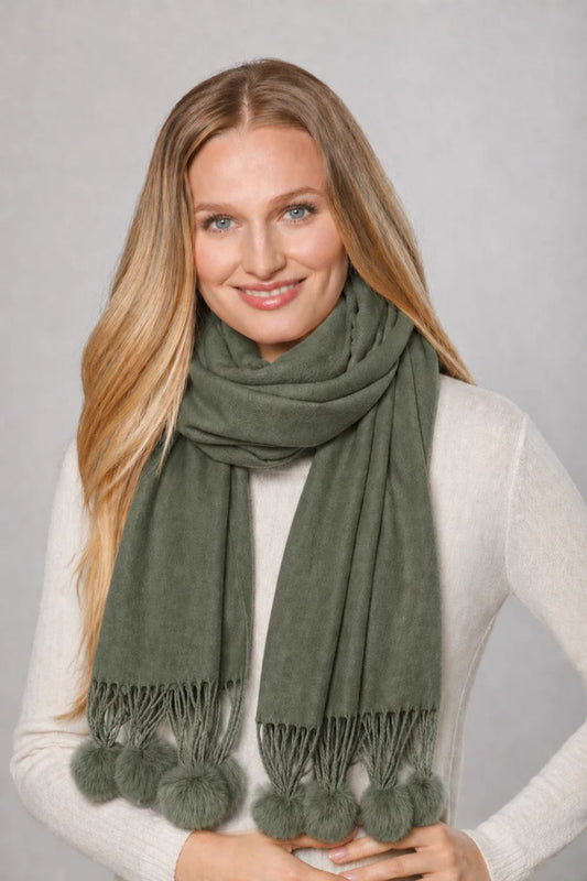 Cashmere Rex Rabbit Pom Wrap in Olive Green