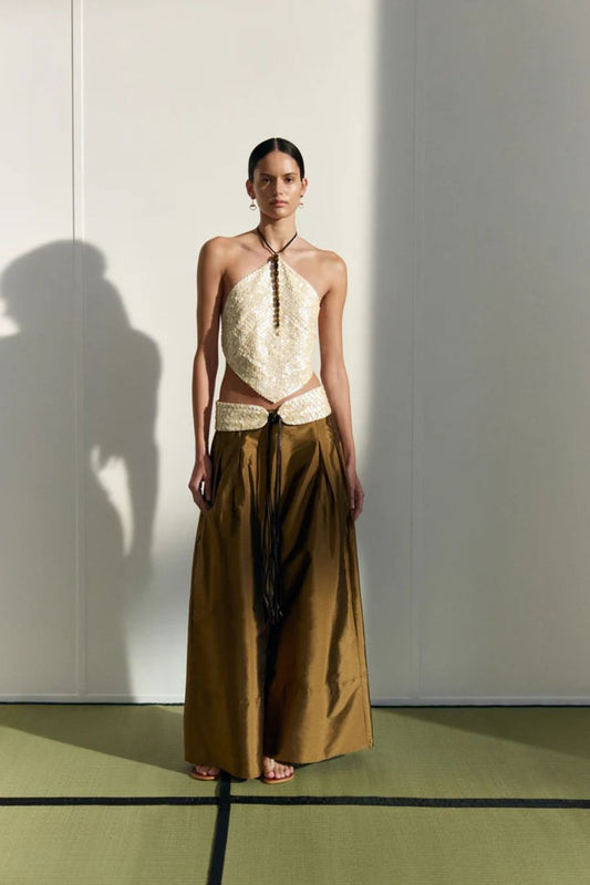 Techno Taffeta Ultra Wide Leg Trouser in Bronze
