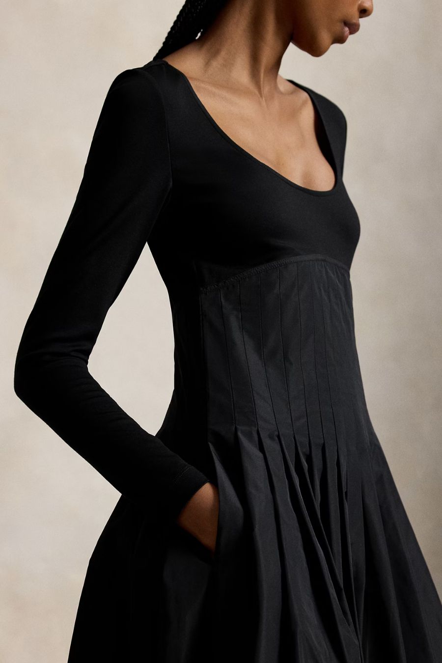 Pleated Empire Dress in Polo Black
