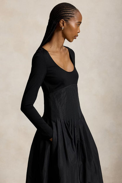 Pleated Empire Dress in Polo Black