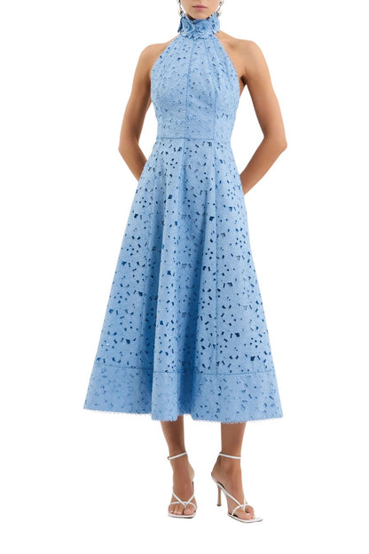 Nuvola Halter Midi Dress in Blue