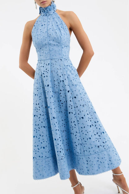 Nuvola Halter Midi Dress in Blue