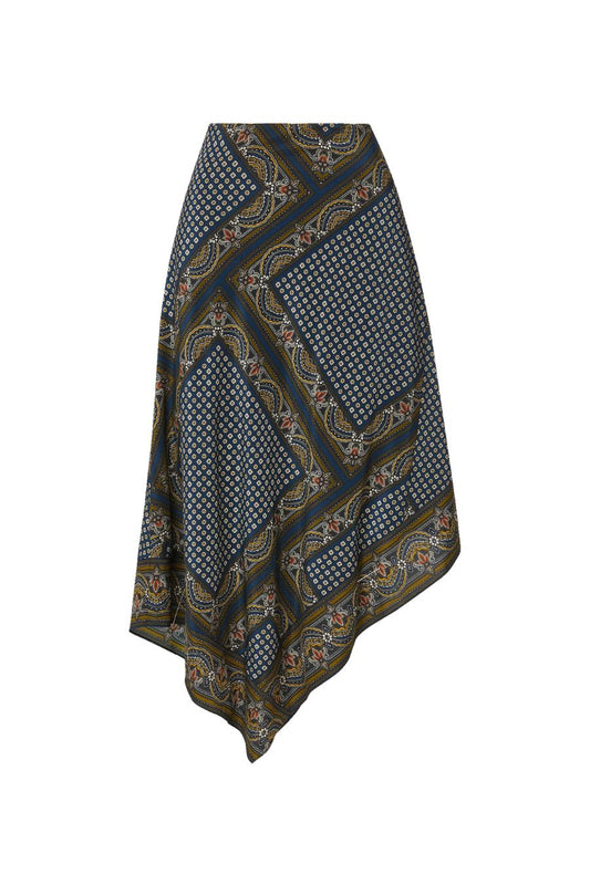 Hartley Asymmetric Midi Skirt in Heritage Navy Multi