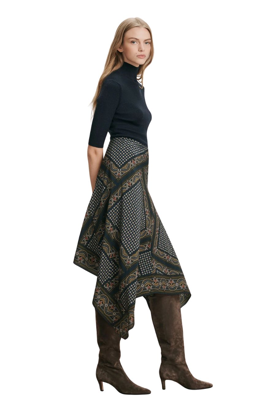 Hartley Asymmetric Midi Skirt in Heritage Navy Multi