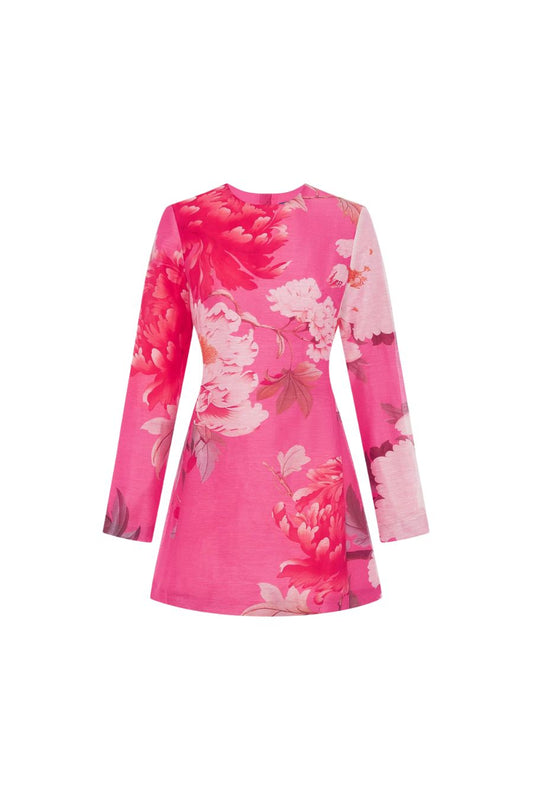 Aliza Long Sleeve Mini in Peony Print Fuchsia